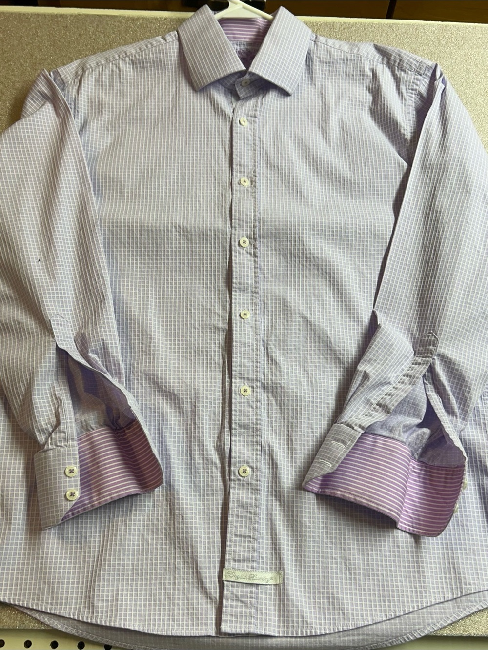 English Laundry Lavender Micro-Check Dress Shirt w/ Striped Cuffs, (L) 16-34/35